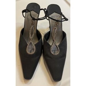 New Black Satin & Rhinestones Mesh Peek Slingback By Mootsies Tootsies Size 8.5